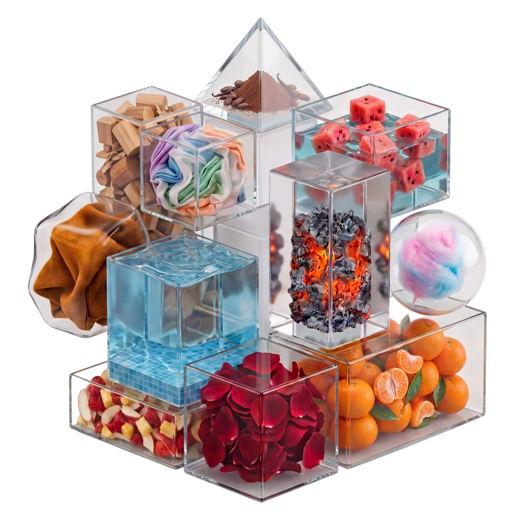 Transparente Würfel mit Duftmaterialien: Holz, Rosenblüten, Zitrusfrüchte, Glut und Zuckerwatte