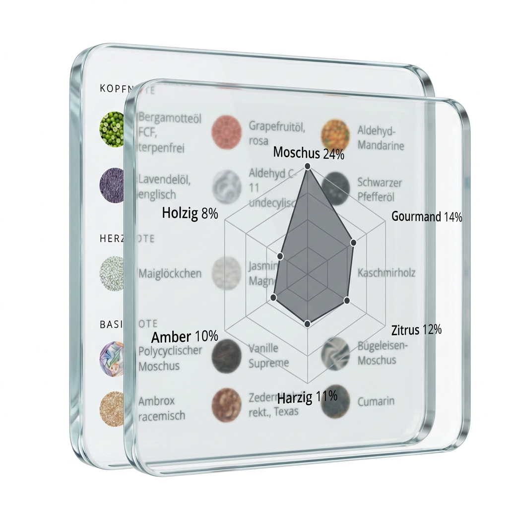 Zwei Glasplatten mit Materialliste und Duftprofil-Diagramm
