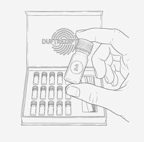 Illustration: Hand nimmt Fläschchen Nummer 1 aus der geöffneten Starterbox