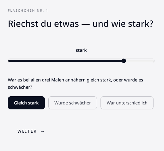 Riechprofil-Vermessung im Browser: Stärke-Slider für Fläschchen Nummer 1